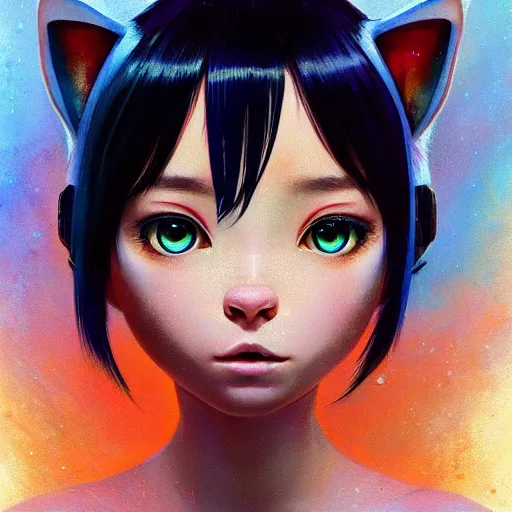 Image similar to A space realistic cat with big and cute eyes, fine-face, realistic shaded perfect face, fine details. realistic shaded lighting poster by Ilya Kuvshinov katsuhiro otomo ghost-in-the-shell, magali villeneuve, artgerm, Jeremy Lipkin and Michael Garmash, Rob Rey and Kentarõ Miura style, trending on art station