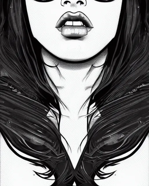 Image similar to low angle closeup very seductive megan fox retro scifi goddess pinup, vr goggles, action glamour pose, windblown dark hair, hyper detailed, digital art, studio lighting, smooth, ambient lighting, sharp focus, frank miller, wlop, anna dittmann, moebius!, alphonse mucha, patrick nagle!!!, rim lighting, synthwave