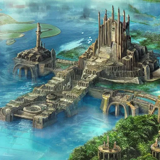 Image similar to Atlantis, the secret lost city, ancient tropical city, concept art