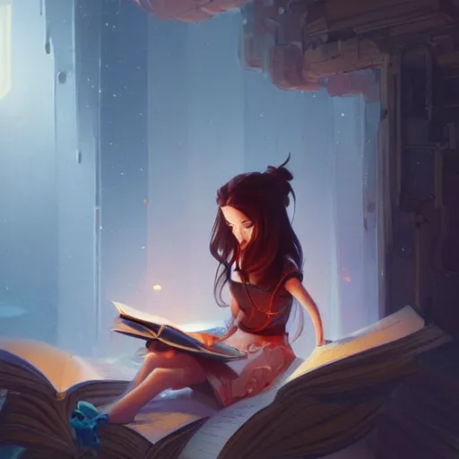 Image similar to a pixar girl reading a book, long hair flowing down, symmetrical, style of by Jordan Grimmer and greg rutkowski, crisp lines and color,