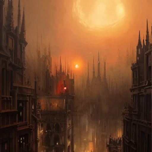 Prompt: A painting of a medieval city burning, dark fantasy, smoke rising from the buildings towards the skies, big red moon in the skies, rain, fog, hyper detailed, by Greg Rutkowski, trending on artstation