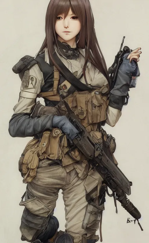 Image similar to character design of infantry girl, anime style, symmetrical facial features long hair, hair down, konpeki no kantai, hyper realistic, pale skin, rule of thirds, extreme detail, 4 k, detailed drawing, trending artstation, realistic lighting, by alphonse mucha, greg rutkowski, sharp focus, backlit, combat vest