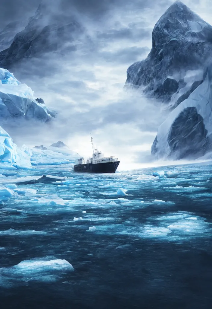 Prompt: ship being persecuted by a police ship over raging turbulent waters in antartica, icebergs in the background, hyper realistic, highly detailed, digital art, apocalyptic, intimidating lighting, raytracing, sharp focus, smooth, romanticism
