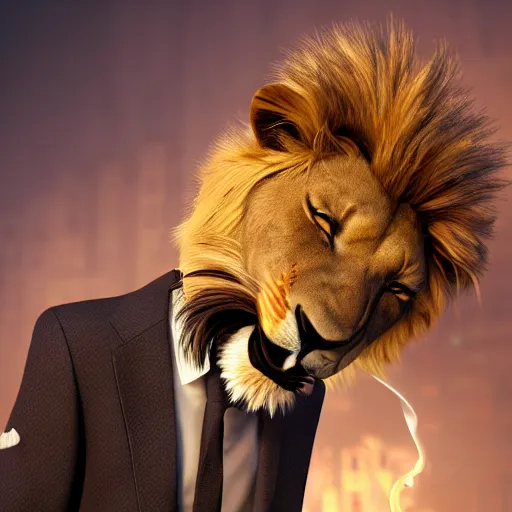 Image similar to a lion smoking a cigar wearing a suit, subject= lion, subject detail: wearing a suit, subject action: smoking a cigar, dramatic lighting, cinematic lighting, establishing shot, photorealistic, high details, cinematic, 8k resolution, extremly detailed, photorealistic, artstation, unreal engine