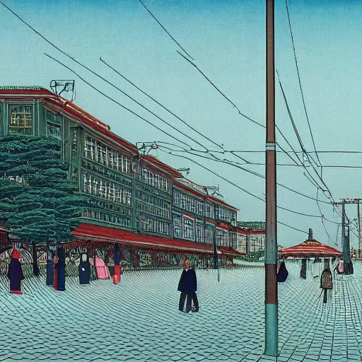 Image similar to Peoples of Minsk city painted in the style of kawase hasui, natural light, very detailed, 2022