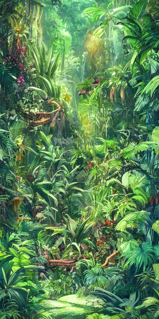 Prompt: deep in the jungle with exotic plant life, tropical plants, natural botanical gardens, vines, acrylic painting, artstation, concept art, award winning,