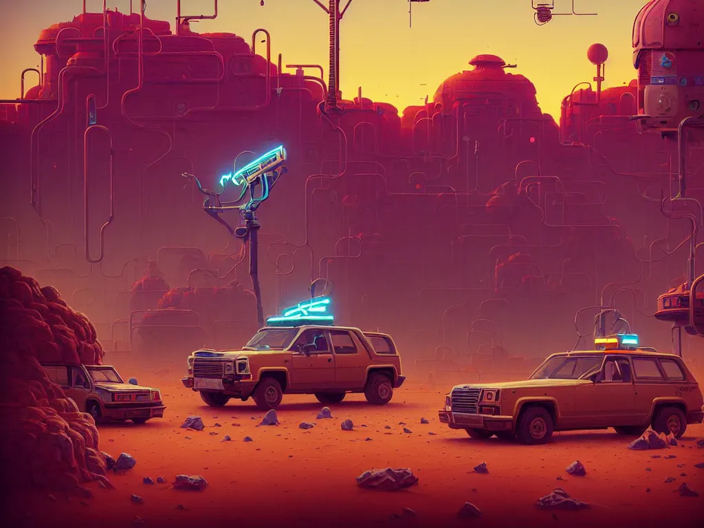 Image similar to 80s outdoor retro arcade, desolate, desert vegetation:: Simon Stålenhag and beeple and James Gilleard and Justin Gerard :: ornate, dynamic, particulate, intricate, elegant, highly detailed, centered, artstation, smooth, sharp focus, octane render, 3d