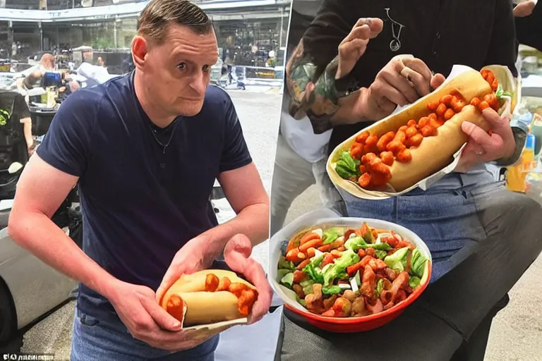 Prompt: Tim Robinson dejectedly contemplating a hotdog bowl, it's like a burrito bowl but with little bits of chopped up hotdog in it, thousand yard stare