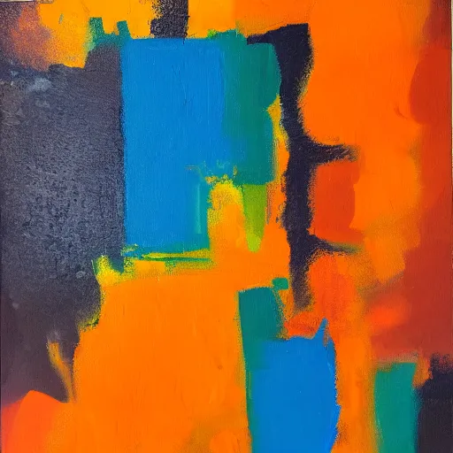 Prompt: orange, yellow, blue, abstract emulsion, oil on canvas