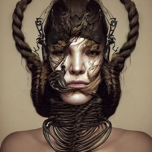 Image similar to portrait of a Shibari rope wrapped face and neck, headshot, insanely nice professional hair style, dramatic hair color, digital painting, of a old 15th century, old cyborg merchant, amber jewels, baroque, ornate clothing, scifi, realistic, hyperdetailed, chiaroscuro, concept art, art by Franz Hals and Jon Foster and Ayami Kojima and Amano and Karol Bak,