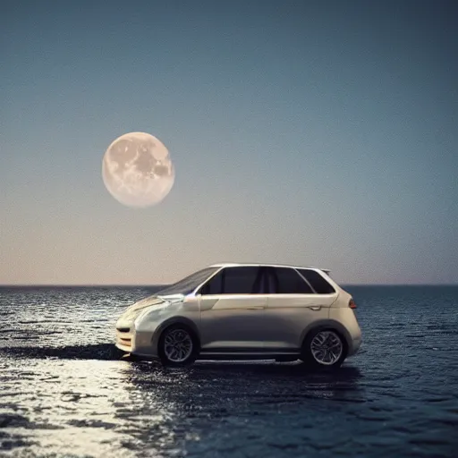 Image similar to man on the car in the middle of sea, moon glowing, 4 k render,