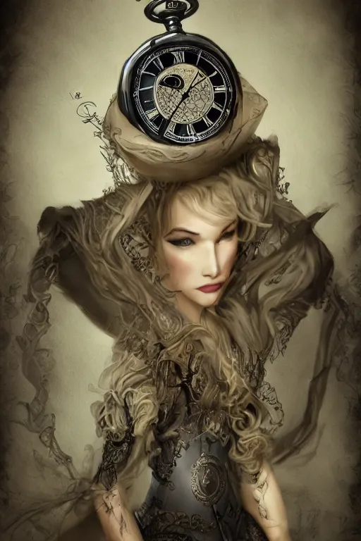 Prompt: a timekeeper with a pocket watch face. silk hat, full body, dark fantasy, concept art, gothic, intricate, ornate, ultra realistic, unreal engine