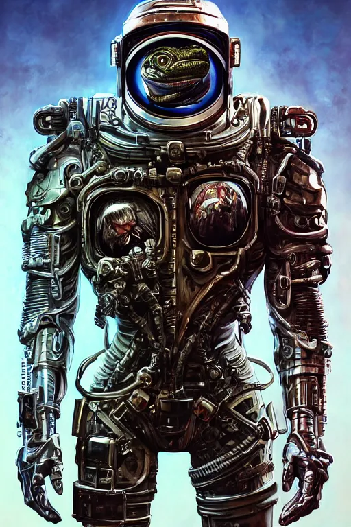 Image similar to a portrait of a muscular anthropomorphic cyberpunk basilisk lizard with big head in spacesuit armor with ensignia on chest plate by sandra chevrier, by jon foster, detailed render, pistol in holster, tape deck, epic composition, cybernetics, 4 k realistic, cryengine, realistic shaded lighting, sharp focus, masterpiece, by enki bilal