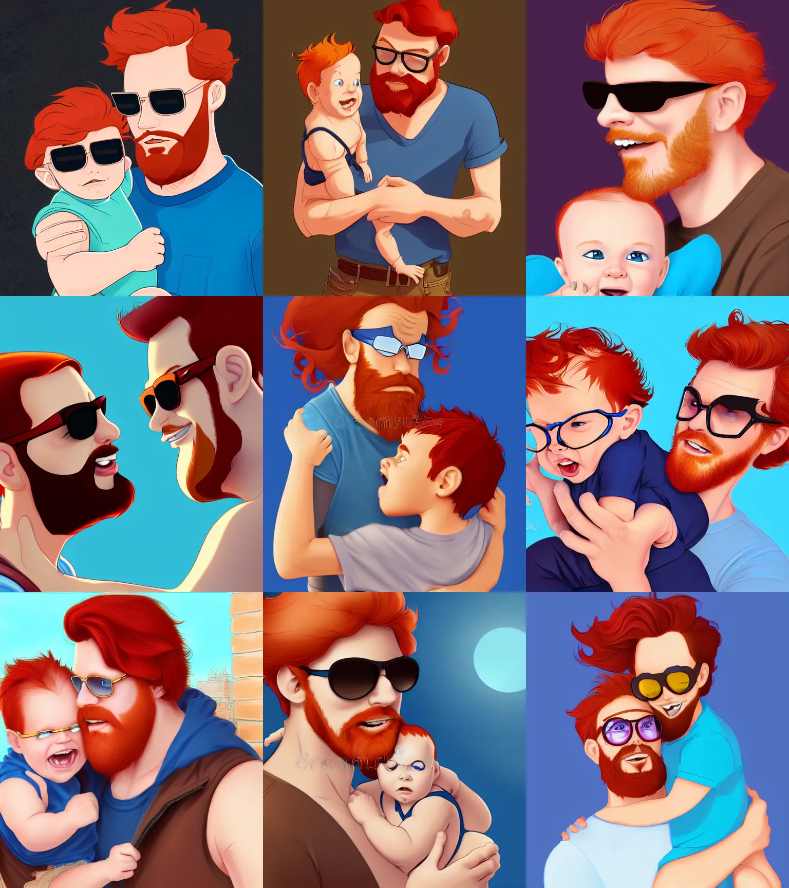 Prompt: father with red hair, a short red beard and blue eyes with his barely any brown haired infant baby boy wearing sun glasses full color digital illustration in the style of don bluth, artgerm, artstation trending, 4 k