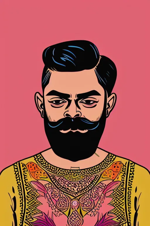 Prompt: portrait of an indian man with moustache and beard like virat kohli, art by butcher billy, sticker, colorful, illustration, highly detailed, simple, smooth and clean vector curves, no jagged lines, vector art, smooth