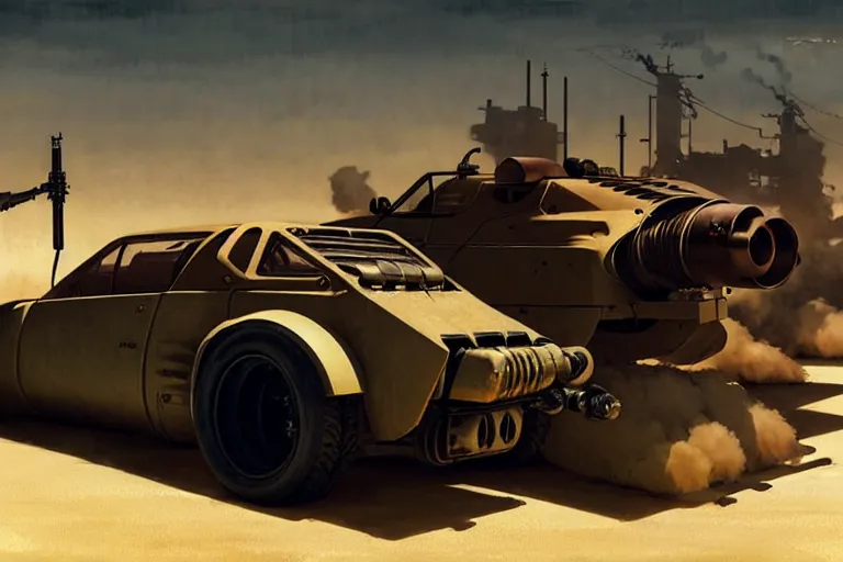 Prompt: dieselpunk mad max alpine a 3 1 0 with guns installed, painted by greg rutkowski makoto shinkai takashi takeuchi studio ghibli, akihiko yoshida