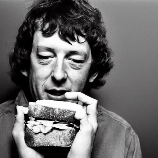 Image similar to bert jansch delightedly holding a sandwich up to the camera, photograph, 1 9 6 9