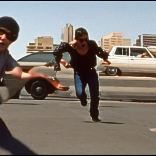 Prompt: Film still of 'Los Angeles Vice Squad' (1990). Epic car chase scene. Sigma 85mm f/1.4