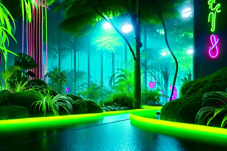 Image similar to neon rainforest, detailed render, hyperrealistic, cgsociety, artstation, 4k