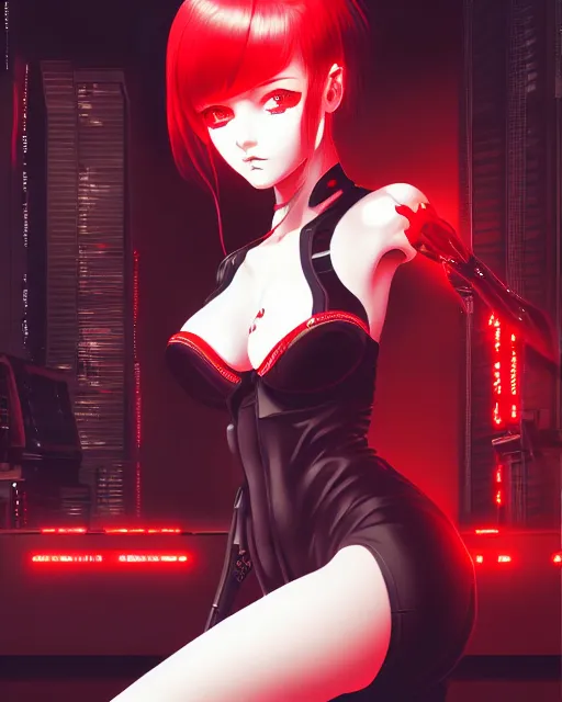 Image similar to a detailed potrait of a cyberpunk cyborg girl with black and red parts, perfect face, realistic shaded perfect face, detailed. night setting. very anime style. realistic shaded lighting poster by ilya kuvshinov katsuhiro, unreal engine, global illumination, radiant light, detailed and intricate environment, full length and white stockings