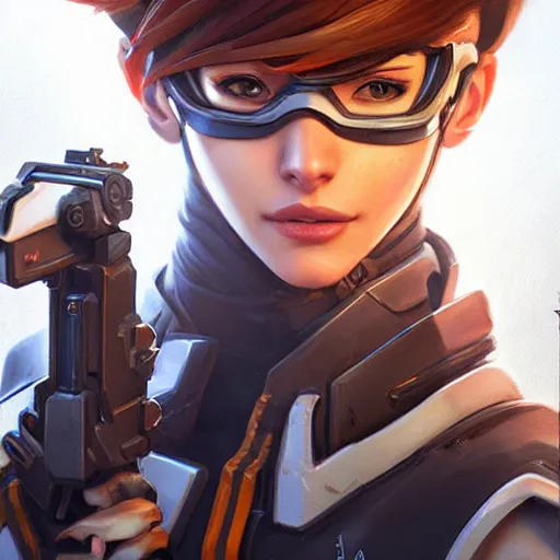 Image similar to tracer overwatch portrait, close up, concept art, intricate details, highly detailed photorealistic in the style of michael komarck, joel torres, seseon yoon, artgerm and warren louw