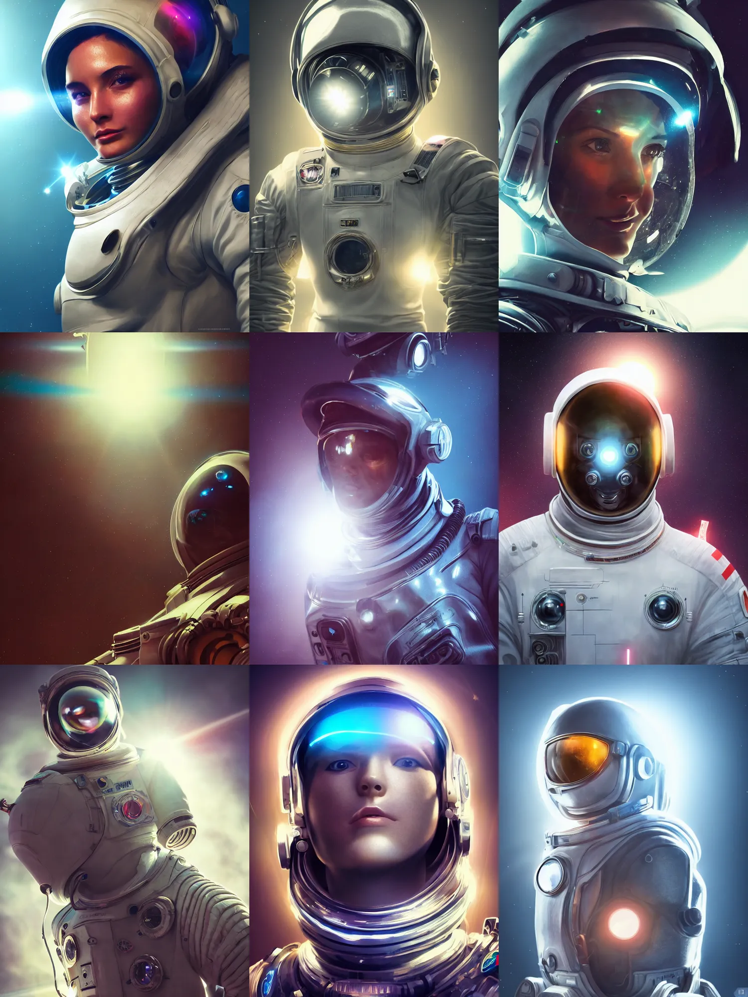 Prompt: portrait art of ultra realistic retro futuristic astronaut, lens flare, atmosphere, glow, detailed, intricate, cybernetic, full of colour, cinematic lighting, trending on artstation, 4 k, hyperrealistic, focused, extreme details, unreal engine 5, cinematic, masterpiece