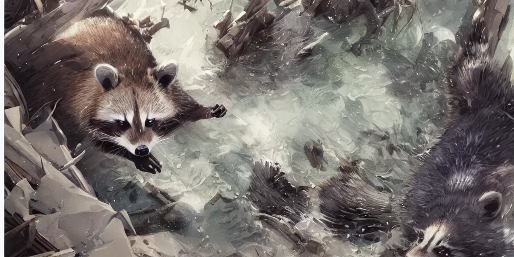 Prompt: highly detailed beautiful photography of raccoon, splash, sharp focus, dramatic, dynamic lighting, elegant, harmony, beauty, masterpiece, by riccardo federici, by james jean, by craig mullins, by durero, by lois van baarle, by makoto shinkai, by greg tocchini, by greg rutkowski, illustration, ink draw, pen, spatula