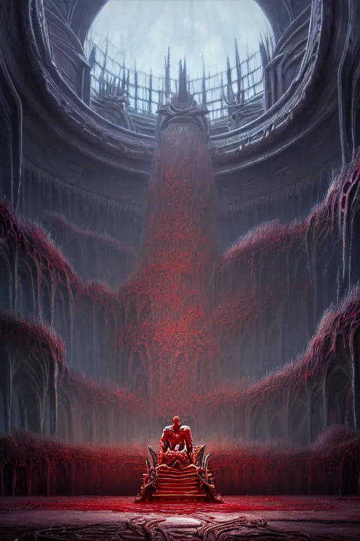 Image similar to a highly detailed matte painting of abominations kneeling inside an expansive throne room with an enormous throne made of writhing flesh and entrails by studio ghibli, makoto shinkai, by artgerm, by wlop, by greg rutkowski, red tones, volumetric lighting, octane render, 4 k resolution, trending on artstation, masterpiece