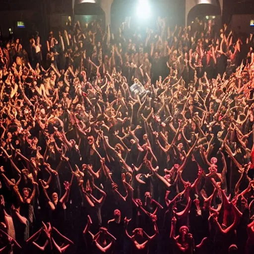 Image similar to photo of a standing ovation for a stage of performers crushed under collapsed stage lighting