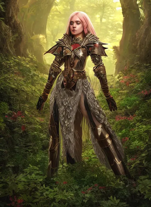 Prompt: Beautiful art portrait of a female fantasy elf noble in plate armour in a bright temple surrounded by lush forest, atmospheric lighting, intricate detail, cgsociety, hyperrealistic, octane render, RPG portrait, ambient light, dynamic lighting