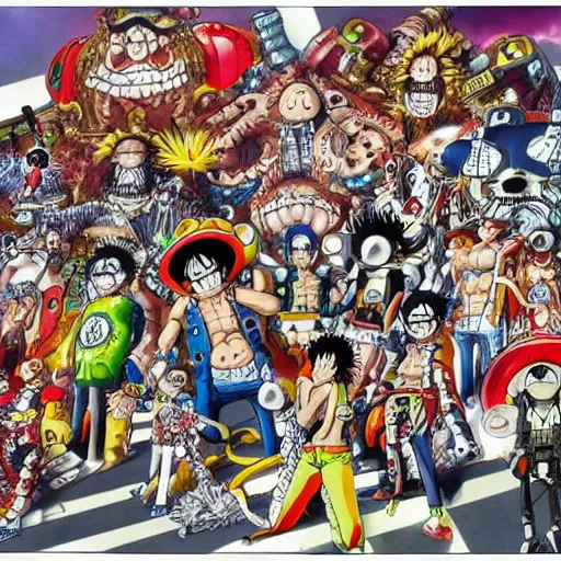 Image similar to a high detalied color splashpage artwork of a group of mechas controled by young manga characters, drawed by Eiichiro Oda, one piece