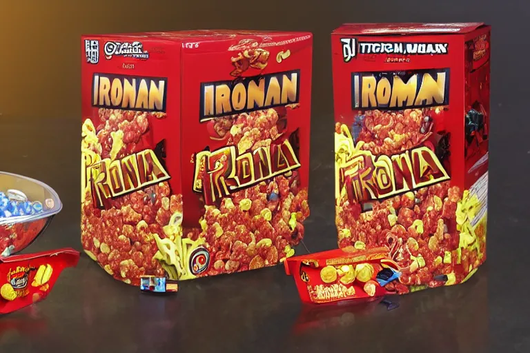 Image similar to mid product still of Ironman cereal with a box and a bowl of glowing reactor core o’s, 4k, red and gold