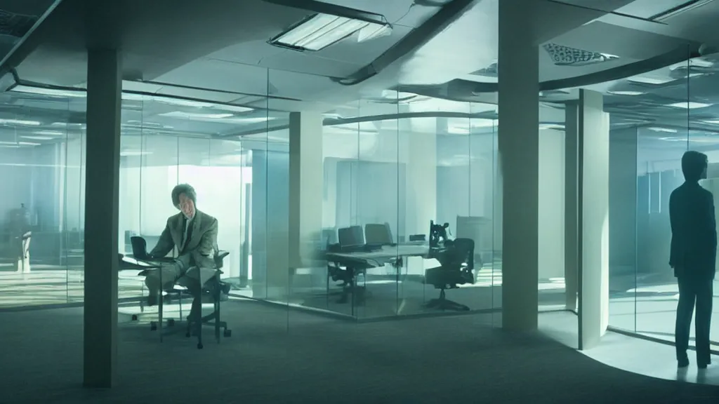 Image similar to the strange creature in the high tech office building, it is glowing, film still from the movie directed by denis villeneuve and david cronenberg with art direction by salvador dali