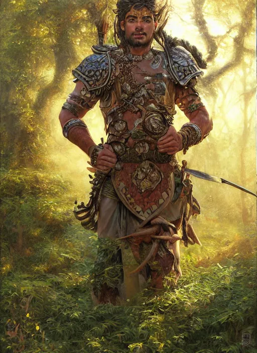 Image similar to intricate detailed portrait painting of a male warrior on a beautiful forest meadow, temple ruins surrounded by lush forest, afternoon, art by ralph horsley and swanland and tyler edlin and artgerm and greg rutkowski, atmospheric lighting, dynamic lighting