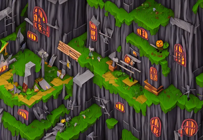 Prompt: evil forest halloween themed isometric game level, stylized, toon, arnold maya render, artstation