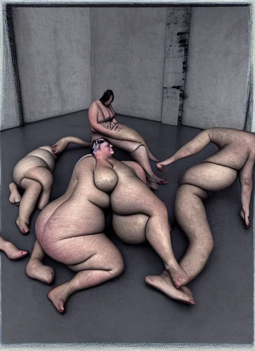 Image similar to fat womanand special forces entwined floating inside a brutalist space, gothic, by francis bacon, adrian ginn, james ginn, petra courtright, jenny saville, part gerhard richter, masterpiece. rendered in blender, ultra realistic, smooth shadows, ultra detail, high resolution, cinematic unreal 6, 8 k 3 d