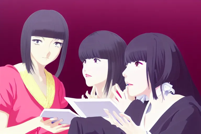 Prompt: portrait of two wise and very beautiful women discussing some texts appearing in a computer screen, in the style of bakemonogatari, intricate, elegant, highly detailed, smooth, sharp focus, artstation