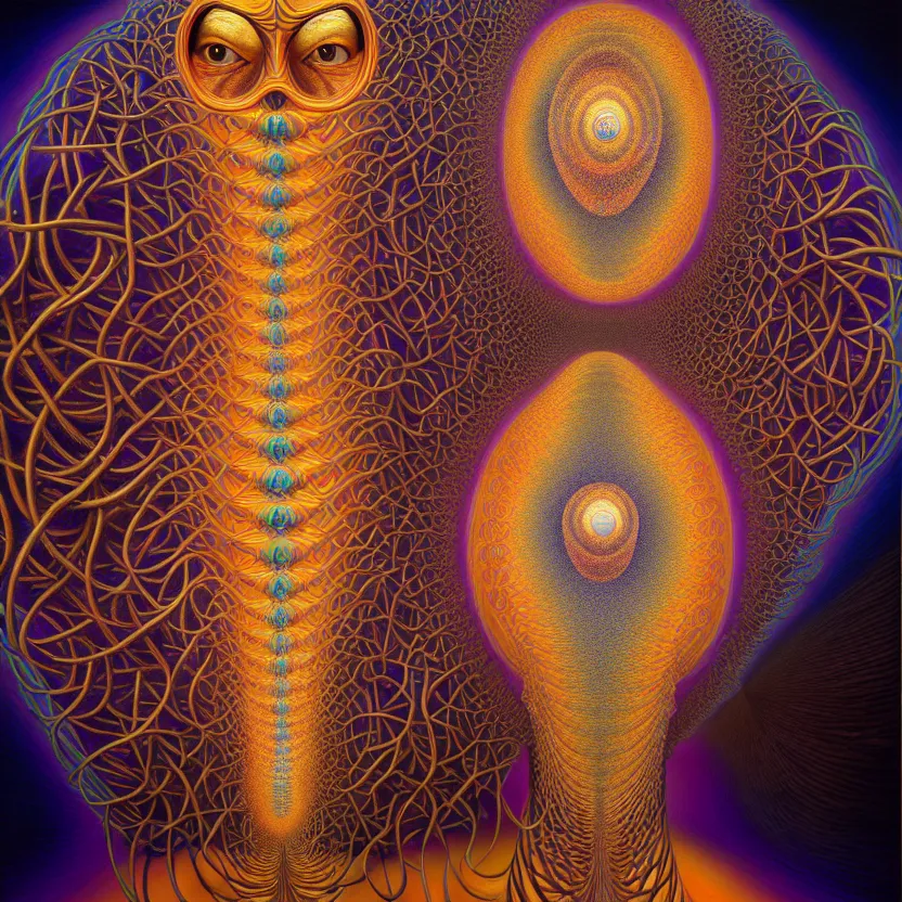 Image similar to 3 d render of infinite fractals of consciousness, recursion, face, surreal, by salvador dali and mc escher and alex grey, oil on canvas, hd, dreams, intricate details, warm colors, octane render