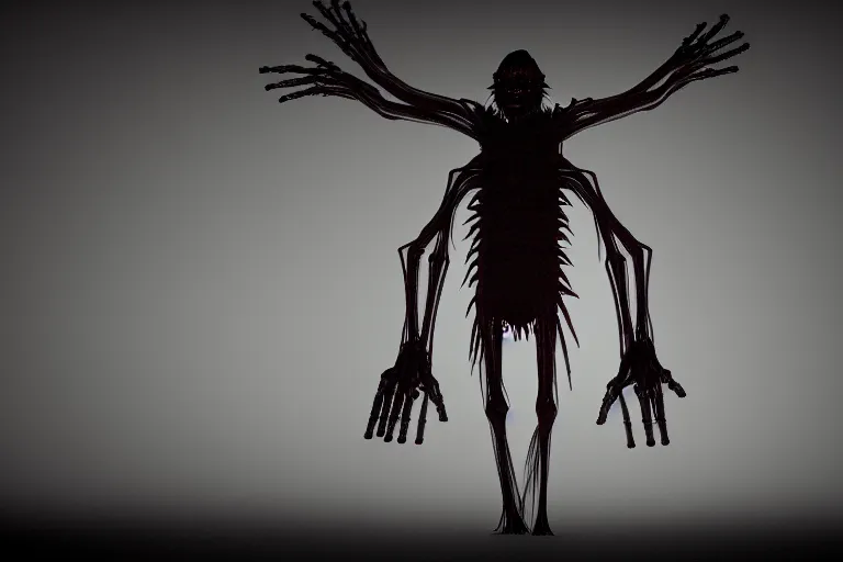 Image similar to lanky ink demon made out of a humanoid nervous system with large meaty spikes all over the body, cinematic, volumetric lighting, f 8 aperture, cinematic eastman 5 3 8 4 film, photorealistic