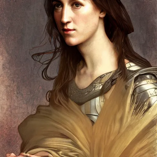 Image similar to portrait of charlotte gainsbourg as joan of arc, hyperreal digital painting, iconography influenced by alphonse mucha and eugene delacroix, arstation and deviantart trends, high resolution 8 k