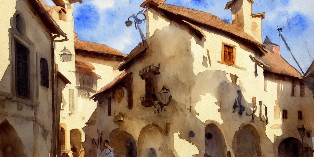 Prompt: medieval town, summer morning light, watercolor painting by john singer sargent, highly detailed, sharp focus, alien, trending on artstation, hq, deviantart, art by artgem