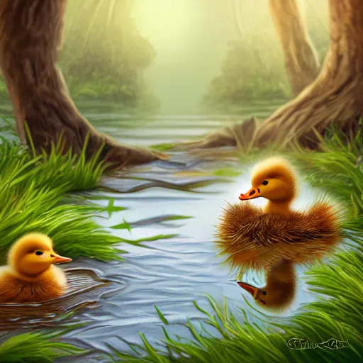 Image similar to two baby ducklings going on an adventure, fantasy, detailed digital art,