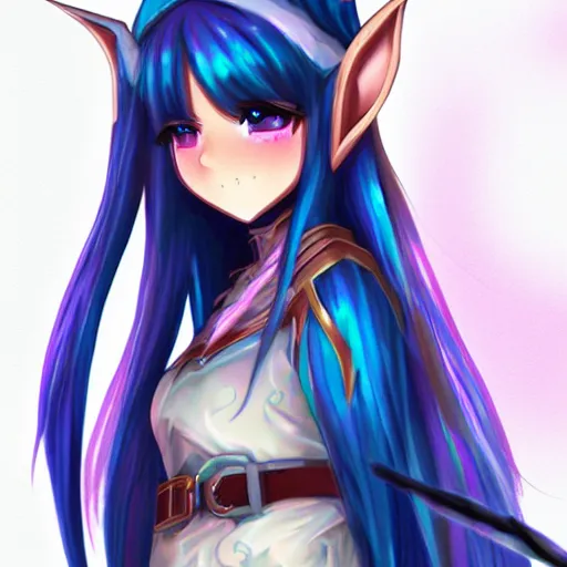 Image similar to adorable young cute anime elf girl, long black hair, detailed fantasy armor, smooth face. beautiful spark eyes. beautiful lineart. concept art adoptable, chromatic aberration, noise, soft lighting, srgb, 4 k, cinematic