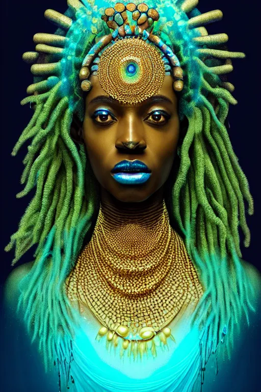 Image similar to hyperrealistic precisionist cinematic very expressive! bioluminescent african goddess, full body, underwater scene with fish and algae, gold jewerly, highly detailed face, digital art masterpiece, eric zener cam de leon, dramatic pearlescent turquoise light on one side, long shot, low angle uhd 8 k, sharp focus