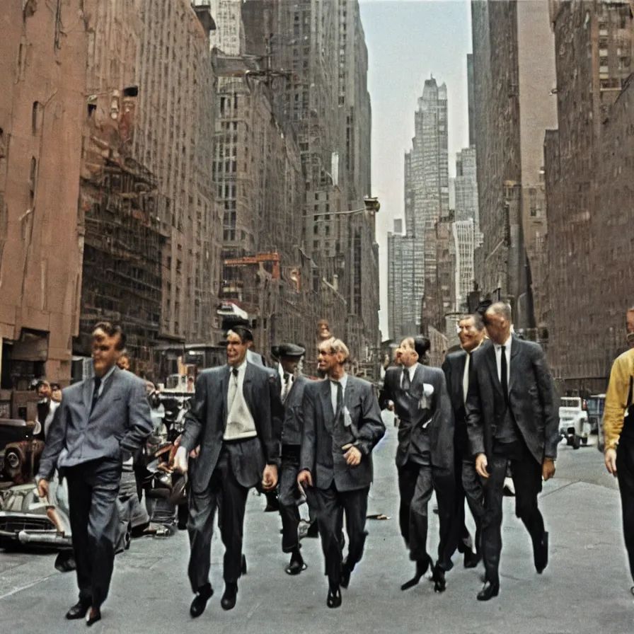 Image similar to a group of men walking down a street next to tall buildings in new york, ultra detailed hyper realistic lifelike, photographed on colour film, 1 9 6 0 s, photo taken with ektachrome, featured on flickr, film grain