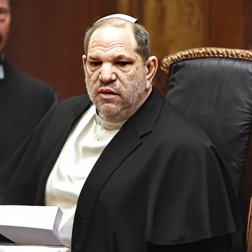 Prompt: Harvey Weinstein dressed in Pope\'s Outfit during a Speech in the Senate on Coruscant