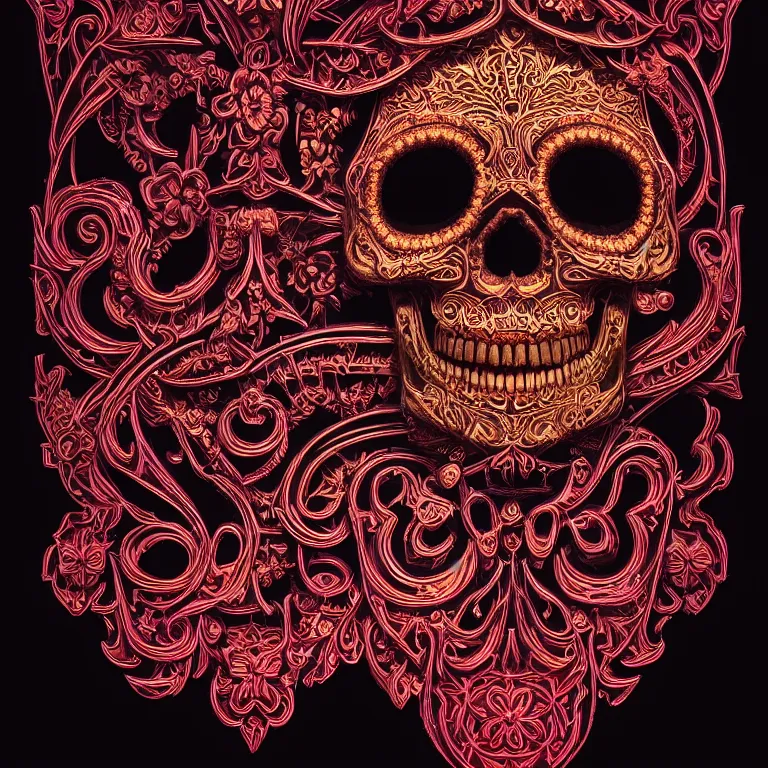 Prompt: a highly detailed photographic render of intricately carved sugar skull, symmetrical, centred, psychedelic, black background, neon light, intricate ornament, gilding, horror, dark fantasy, beautifully lit, ray traced, octane 3D render in the style of Gerald Brom and James Gurney