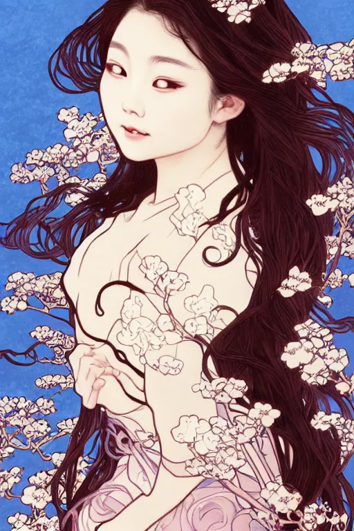 Image similar to beautiful young heroine portrait like twice tzuyu+happy+smoky eyes+front face with light flowing hair smiling, ultradetail face ,art and illustration by by tian zi and WLOP and alphonse mucha, great wave of hokusai, fantasy, acryllic spill, intricate complexity, chinese, goddess, holy, divine, rule of thirds, fantasy character concept, watermark, blurry, hyperrealism 8k