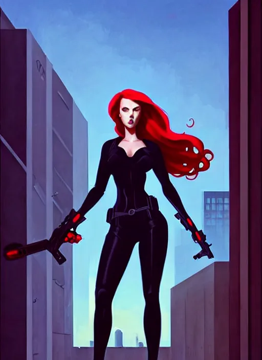 Image similar to peter mohrbacher, phil noto, pretty scarlett johansson black widow, symmetrical eyes, long red hair, full body, city rooftop