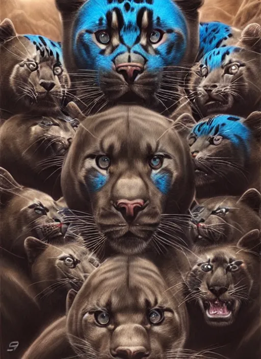 Image similar to photo of a gorgeous Beautiful face Portrait of twenty panthers in the wild attacking the air. Thunders, magic, power. face painting, powerful magic panthers in the style of stefan kostic, wild, realistic, sharp focus, 8k high definition, insanely detailed, intricate, elegant, art by stanley lau and artgerm